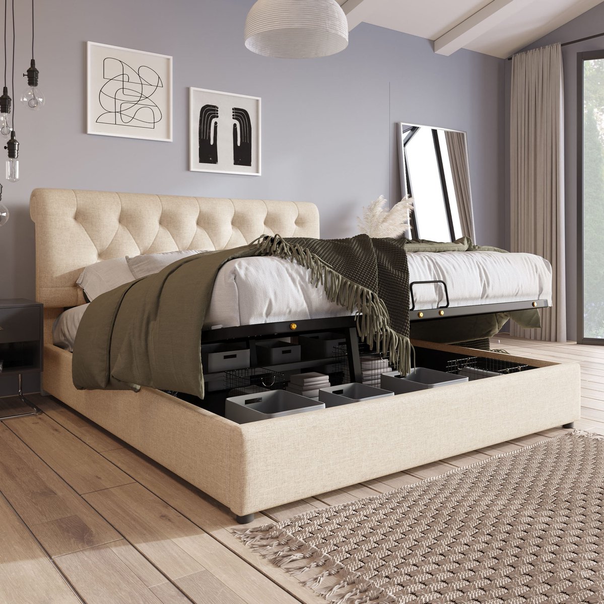 MEUNIQ tweepersoons bedframe 160x200 cm met opbergruimte, verstelbaar hoofdeinde, lattenbodem met metalen frame, stof, naturel, slaapkamer