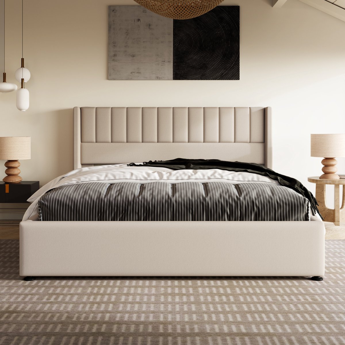 MEUNIQ tweepersoons bed 180x200 cm met hydraulische opbergruimte, gestoffeerd bedframe met lattenbodem, metalen frame en hoofdbord voor slaapkamer, beige