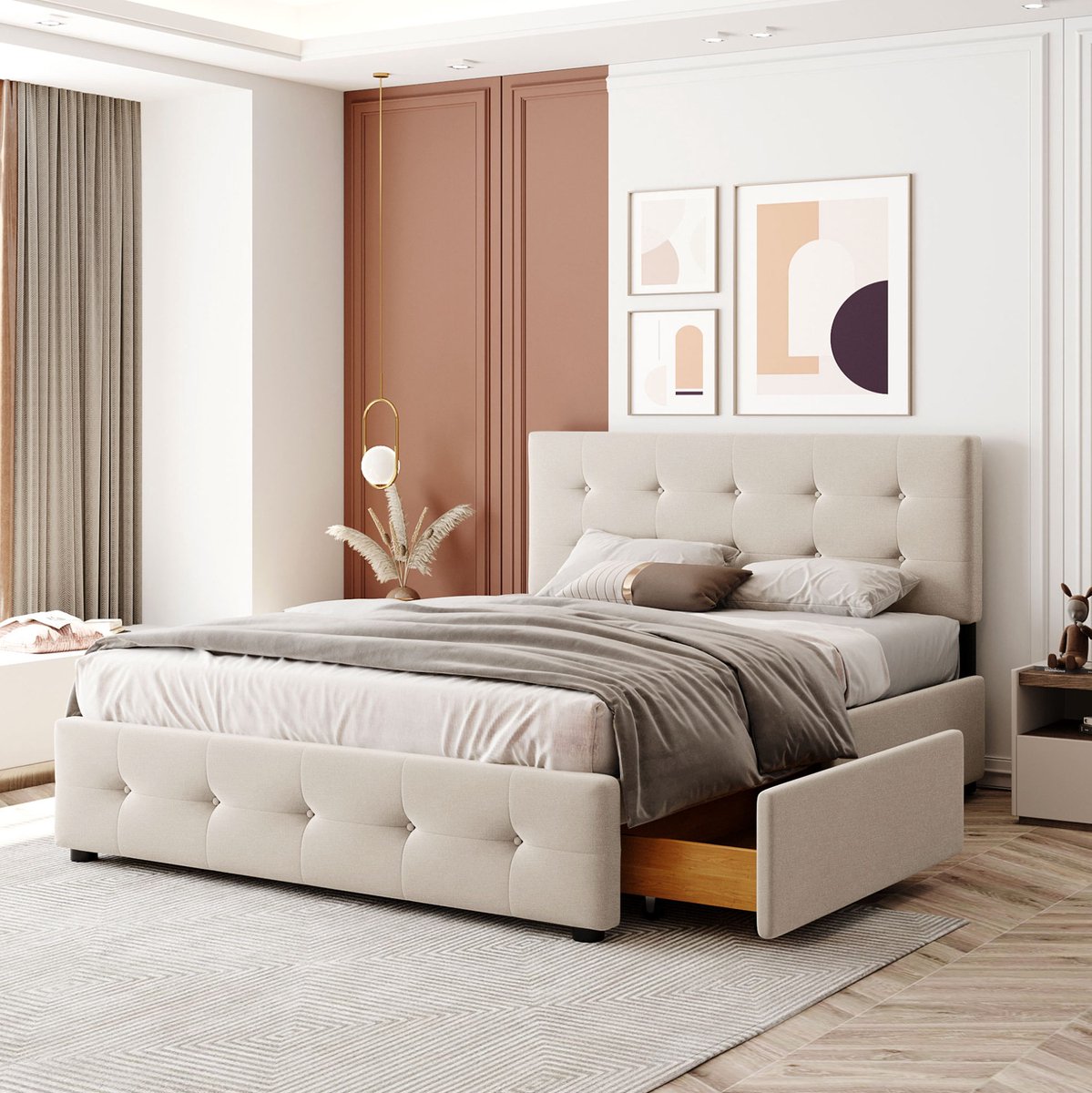 MEUNIQ gestoffeerd tweepersoonsbed 140 x 200 cm met 4 opberglades, lattenbodem en hoofdbord, bedframe voor slaapkamer of logeerkamer, beige