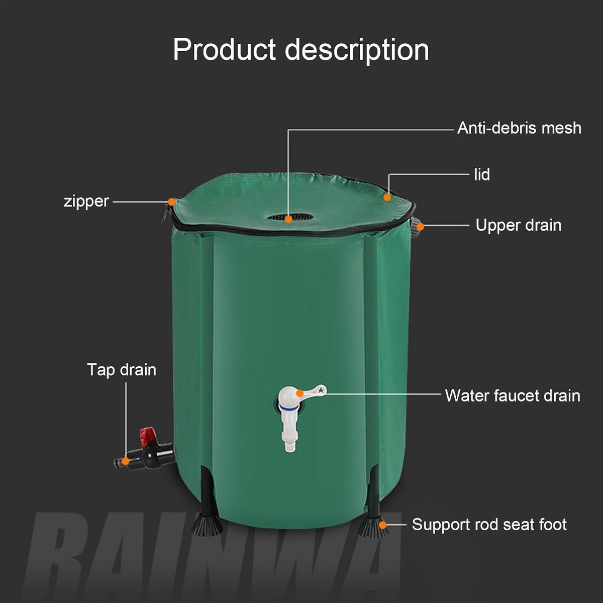 Opvouwbare regenton - Wateropslagtank Tuincontainer - Regenwater Verzamelen - Inclusief kraan en afvoer - Tot 500L - Donkergroen