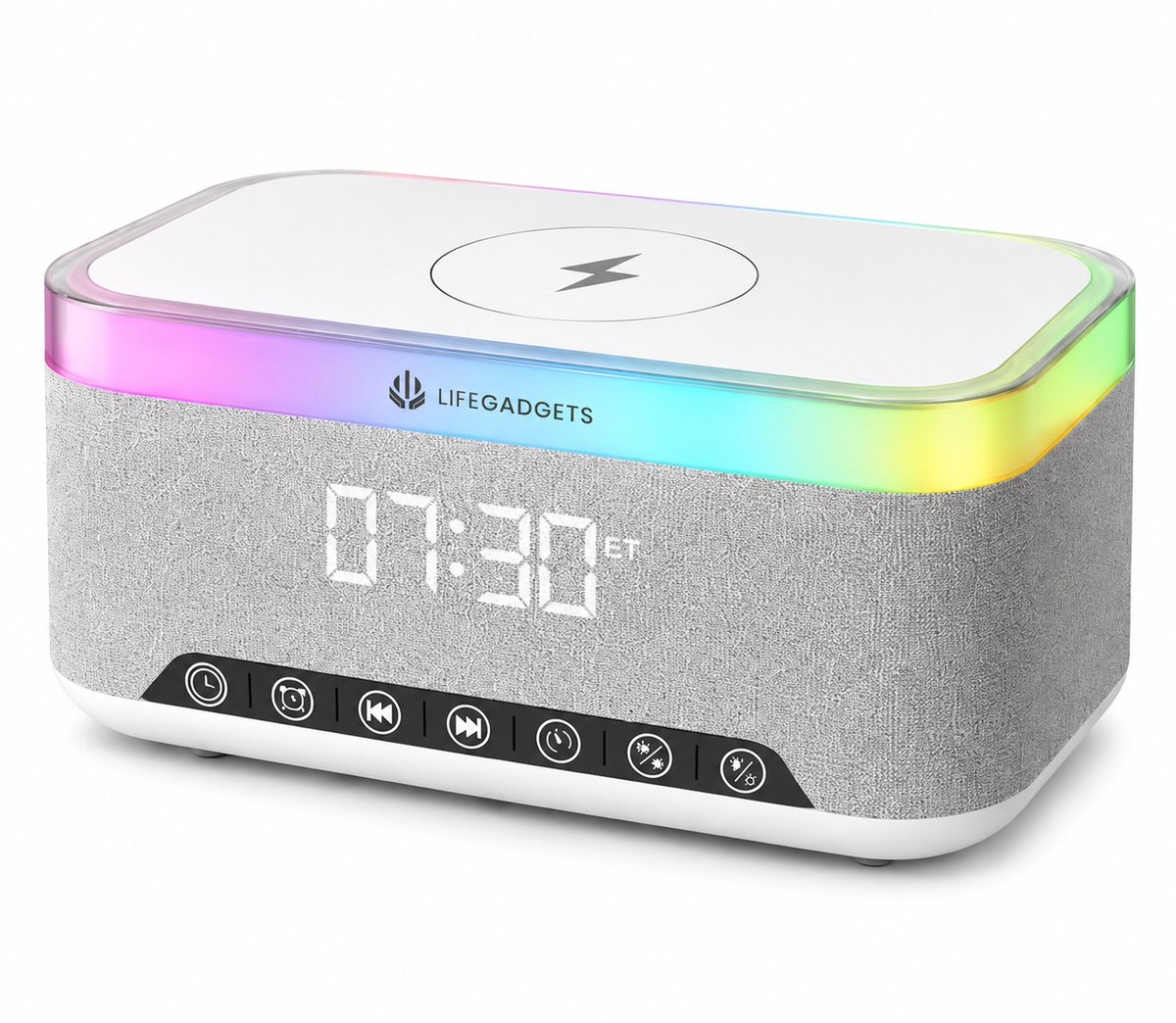 LifeGadgets Digitale Wekkerradio – Digitale Klok Slaapkamer – 15 W Draadloos opladen - Speaker met bluetooth - 13 Lichtstanden - Lichtwekker – Wekker voor kinderen & volwassenen – Netstroom – Alarmklok – Wit