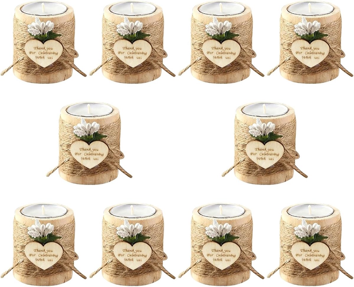 Theelichthouders set - Houten houders - Sfeerverlichting creëren - Rustiek jute touw - 10 stuks - Lichtbruin