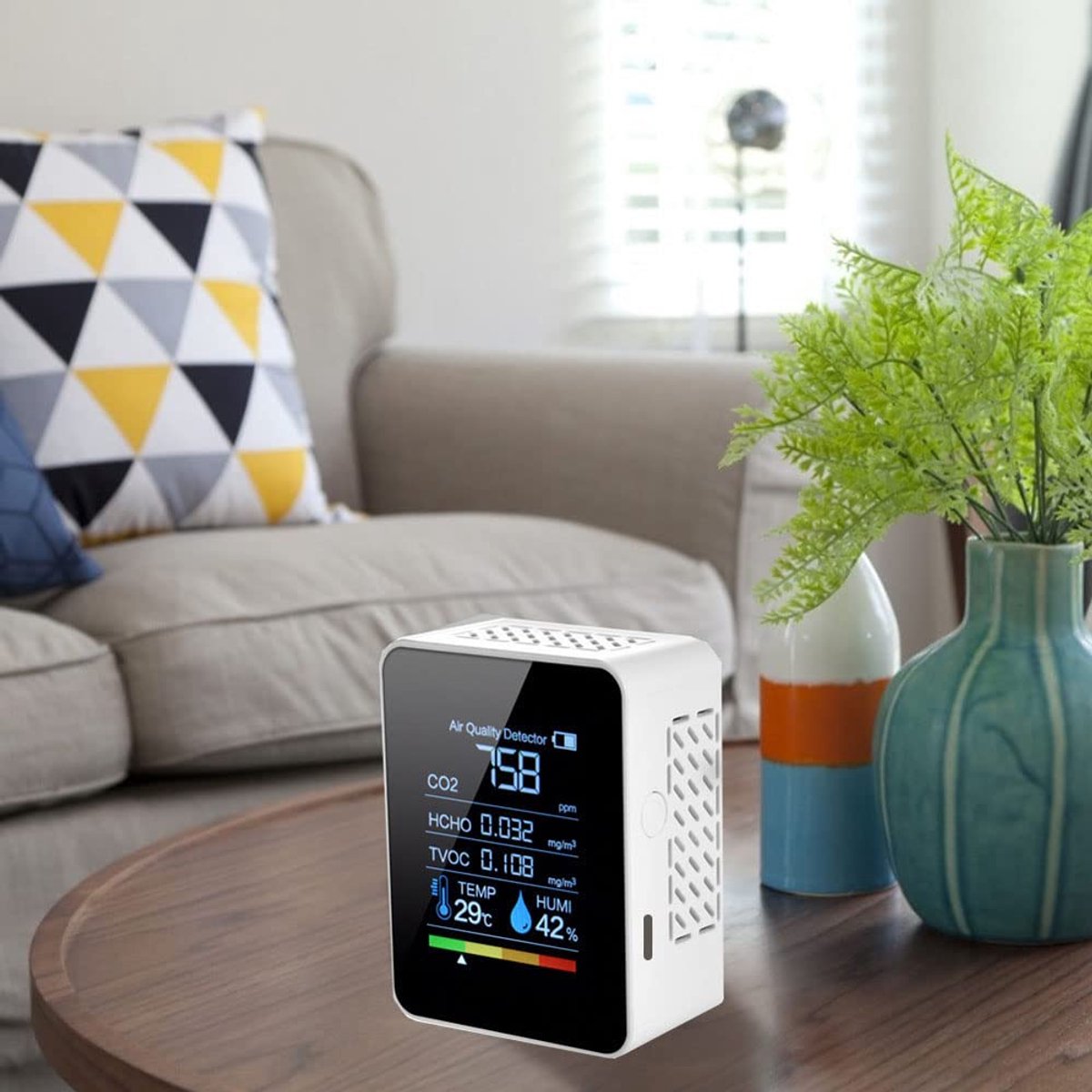 Luchtkwaliteitsmonitor - CO2 Detector - Binnenlucht Meten - 5in1 Detectie - 14 x 10 x 5 cm - Zwart