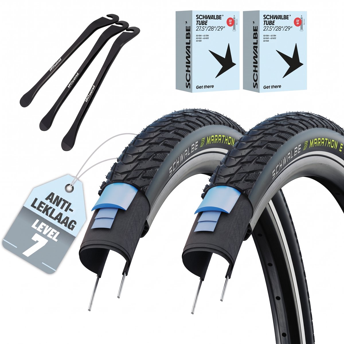 2x Schwalbe Marathon E-Plus fietsband 27,5 x 2.00 zwart reflex 50-584 + SV Frans-ventiel binnenbanden + 3 MSZweirad bandenlichters