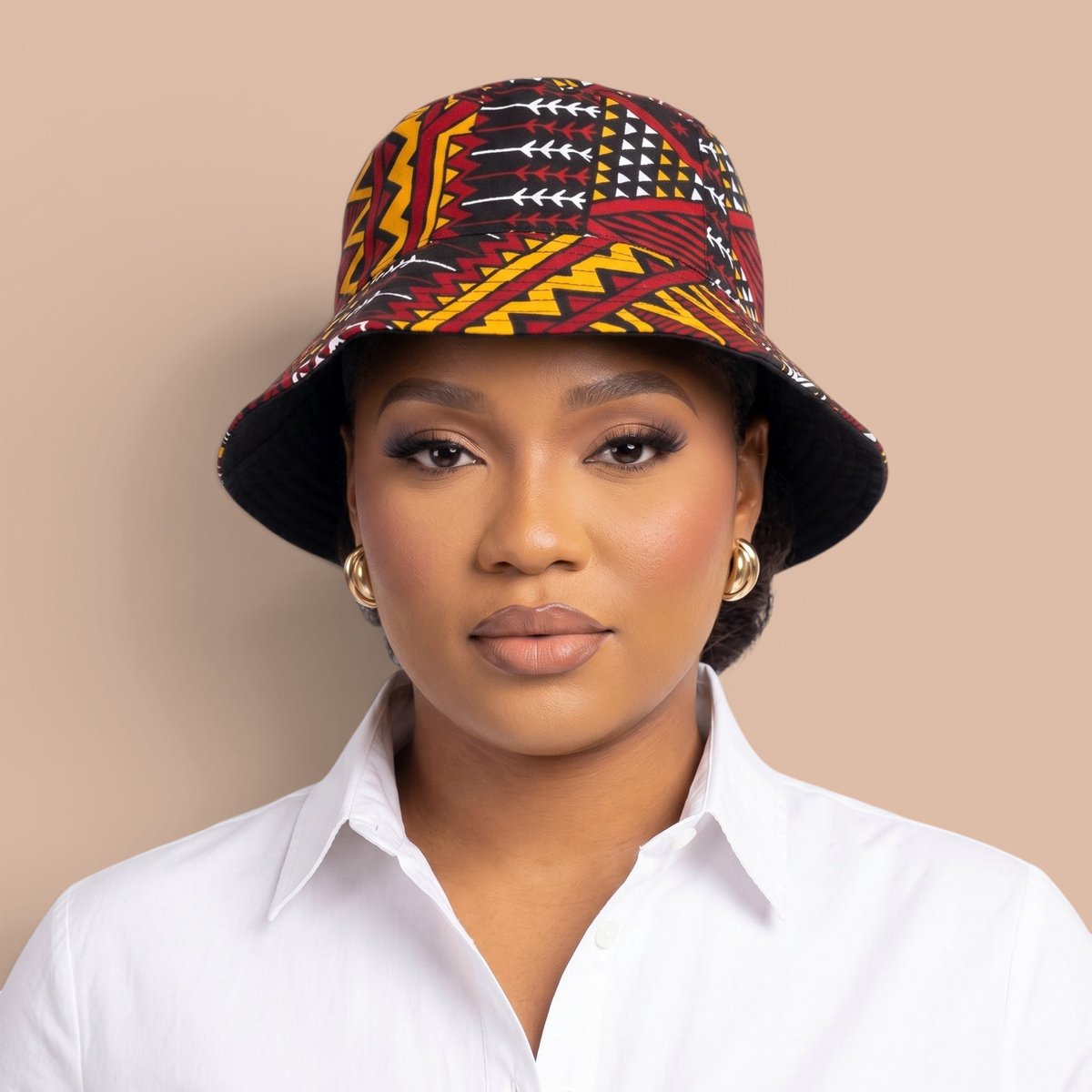 Bucket hat / Vissershoedje met Afrikaanse print - Rood Bordeaux Earth Heritage - Kinderen & Volwassenen (Unisex) - M