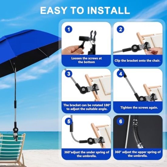 ModernStore Set van 2 strandparasols met klem, UPF 50+, 360° verstelbaar, voor strandstoel, campingstoel en rolstoel - Dubbellaagse overkapping, Blauw — afbeelding 5