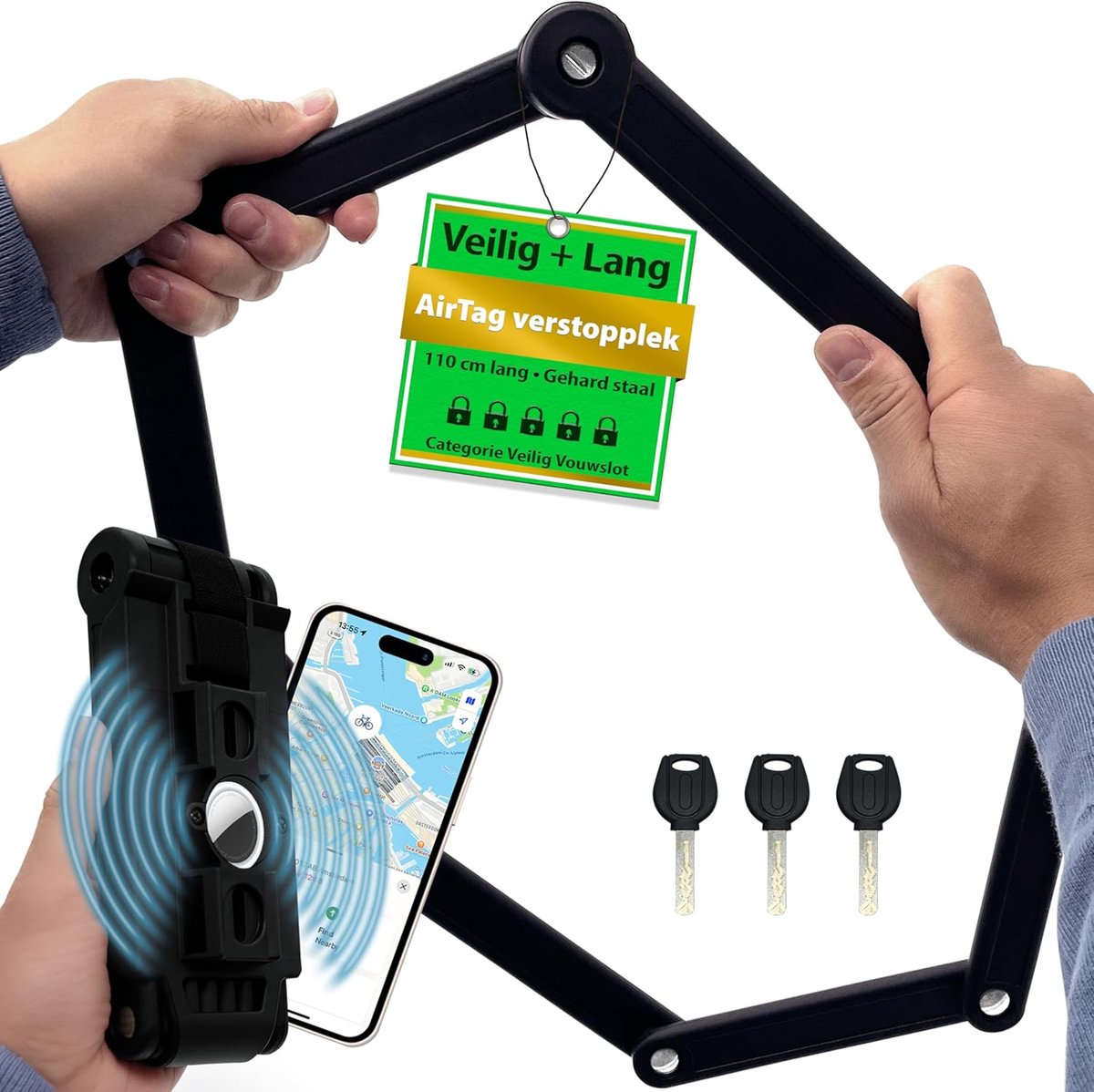 Vouwslot Fiets - Ketting slot - Fiets Beveiligen - Met AirTag compartiment - 110 cm lang - Zwart