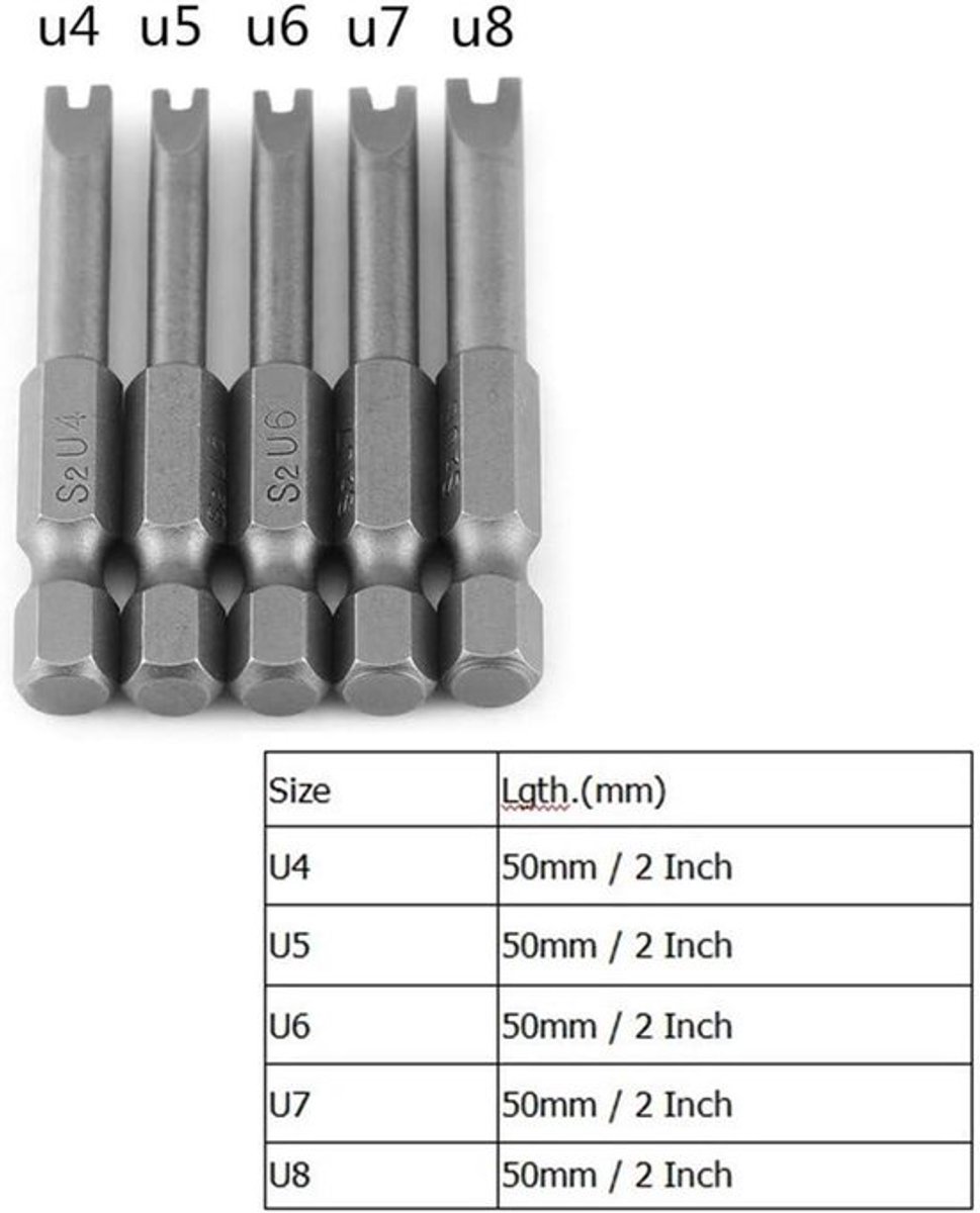 50mm U-vormige schroevendraaierbits in een 5-delige set