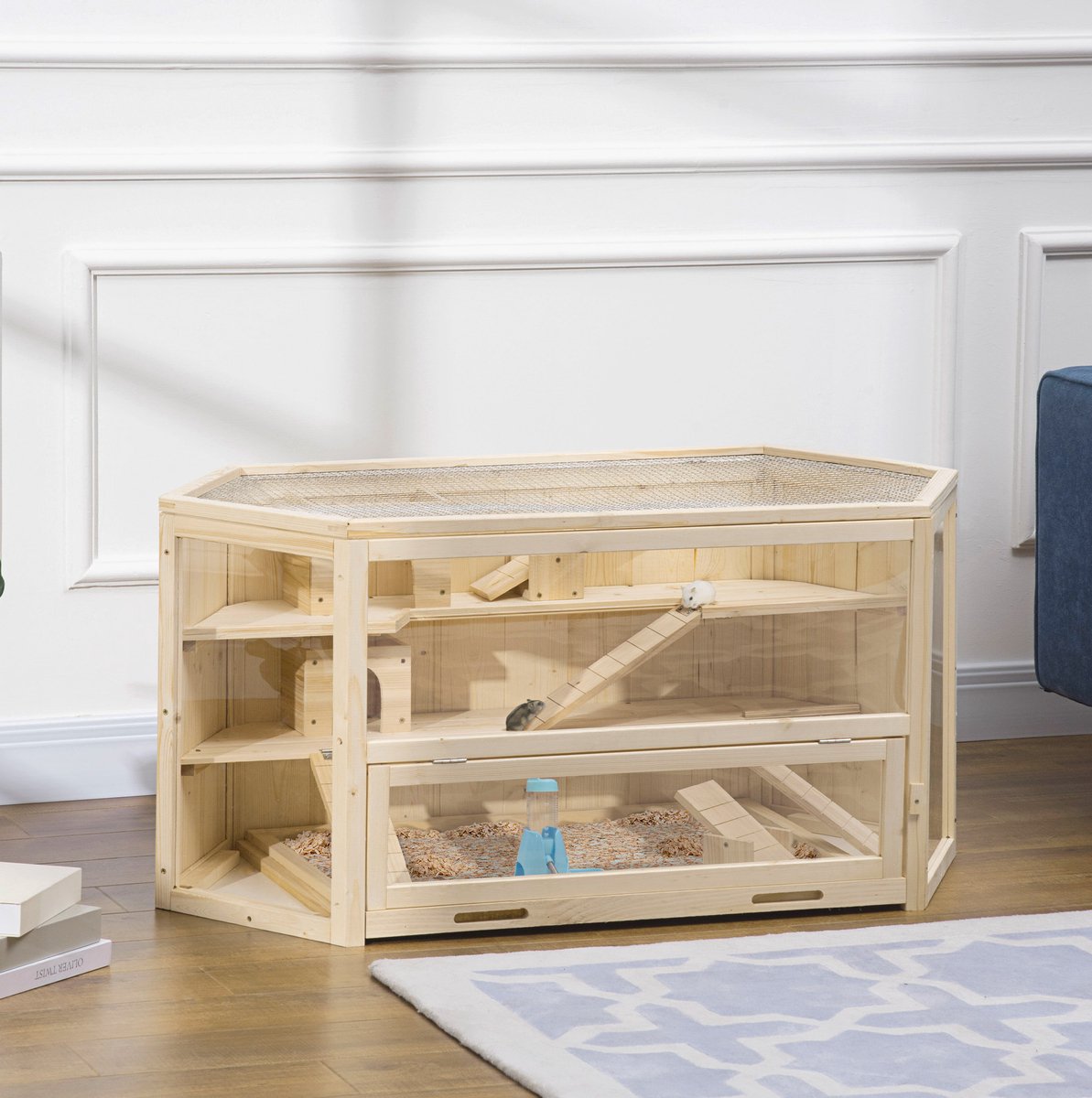 Knaagdierkooi – 115 x 60 x 55 cm – Opklapbaar Dak En Uitneembare Bodembak – Hout En Metaalgaas – Naturel – 3 Etages Voor Binnen