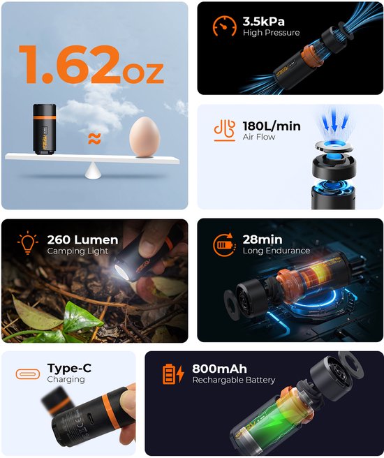 RoosCamp Aero Pump 3-in-1 Mini Luchtpomp - Draagbare Elektrische Luchtpomp met LED Lamp - Voor Camping, Luchtbed, Slaapmat & Vacuümzakken — afbeelding 5