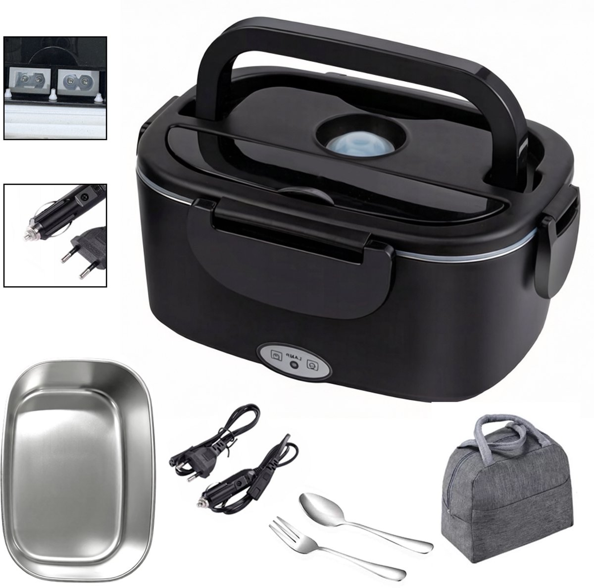 Elektrische lunchbox voor in de auto - Waterdichte geïsoleerde lunchbox - Elektrische lunchbox voor thuisgebruik - Geschikt voor kantoor, auto en camping - 1,5 liter - 60 W - 235*105*170 mm - Inclusief oplaadkabel - Zwart - Roestvrij staal