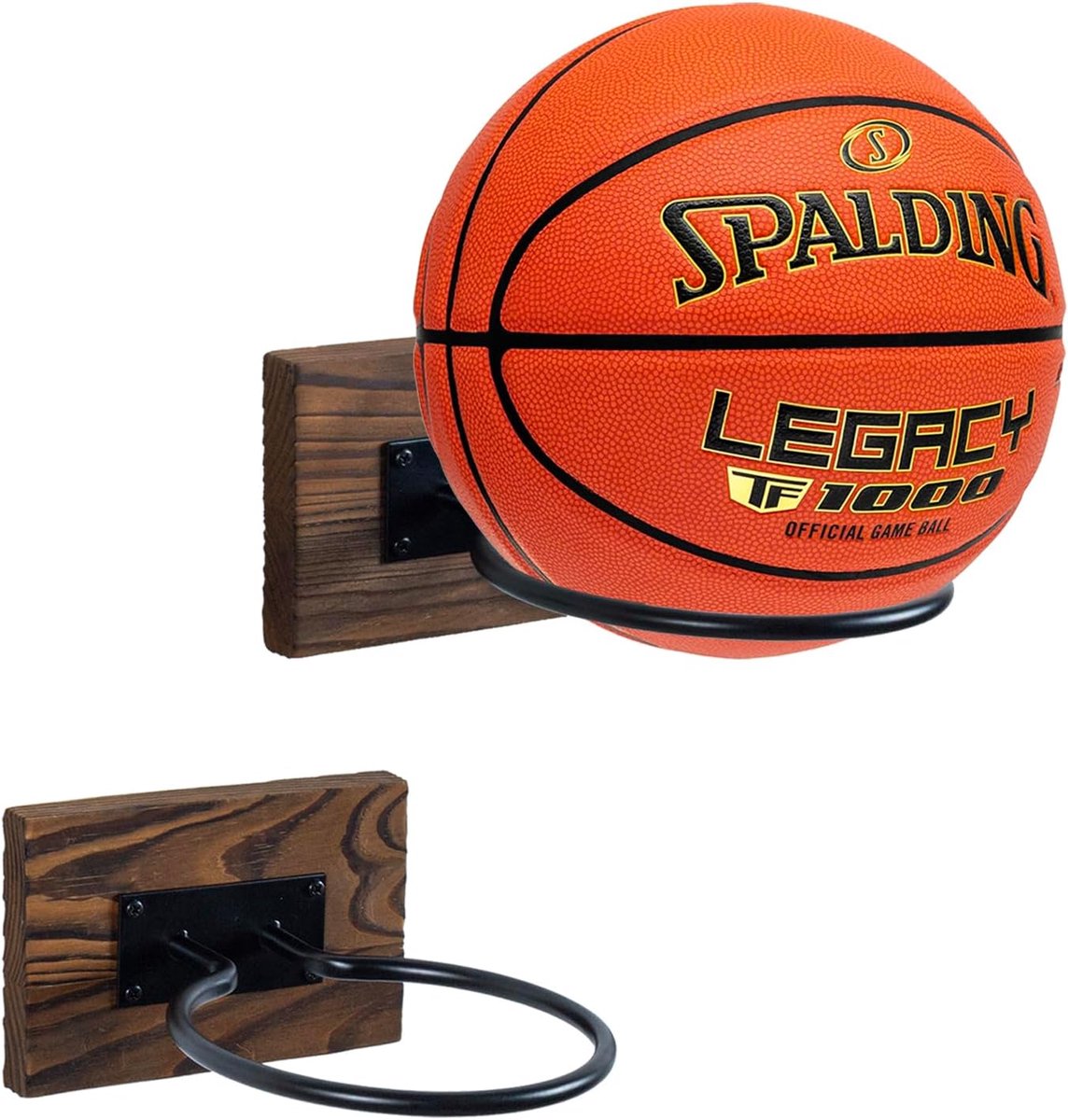MyGift Wall Mounted Sports Ball Rack Display Holder - Solid Brown Wood and Metal Hanging Gym Basketball Soccer - ShopVlot