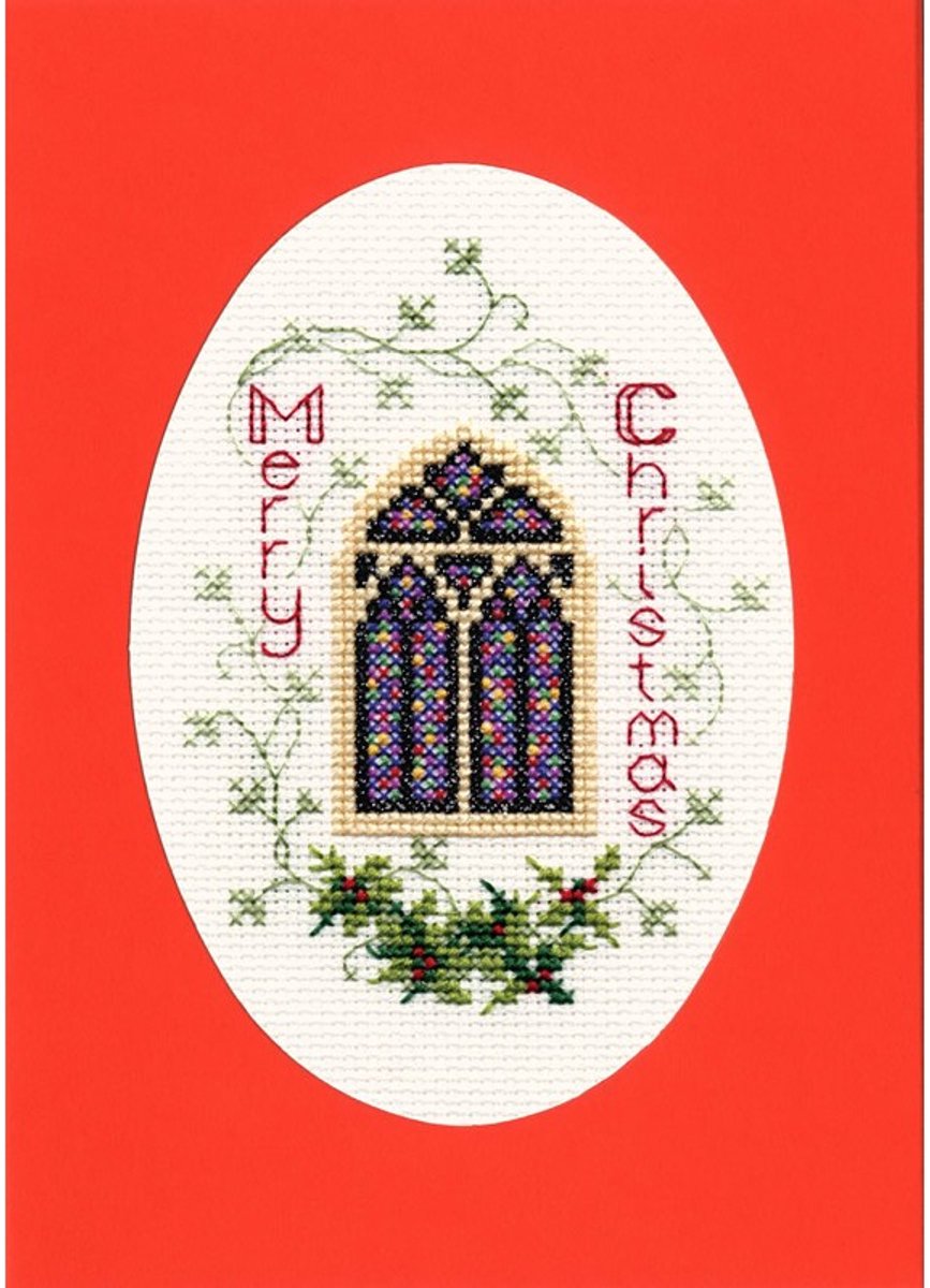 Bothy Threads borduurpakket kerstkaart glas in lood raam CDX29 telpatroon incl. passe-partout, kaart en envelop