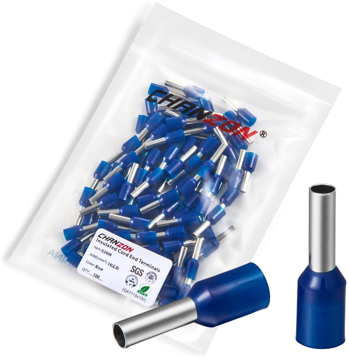 Chanzon 100pcs insulated nylon ferrule 14AWG (2.5mm²) wire E2508 terminal ends pure copper color blue nylon (PA) - ShopVlot