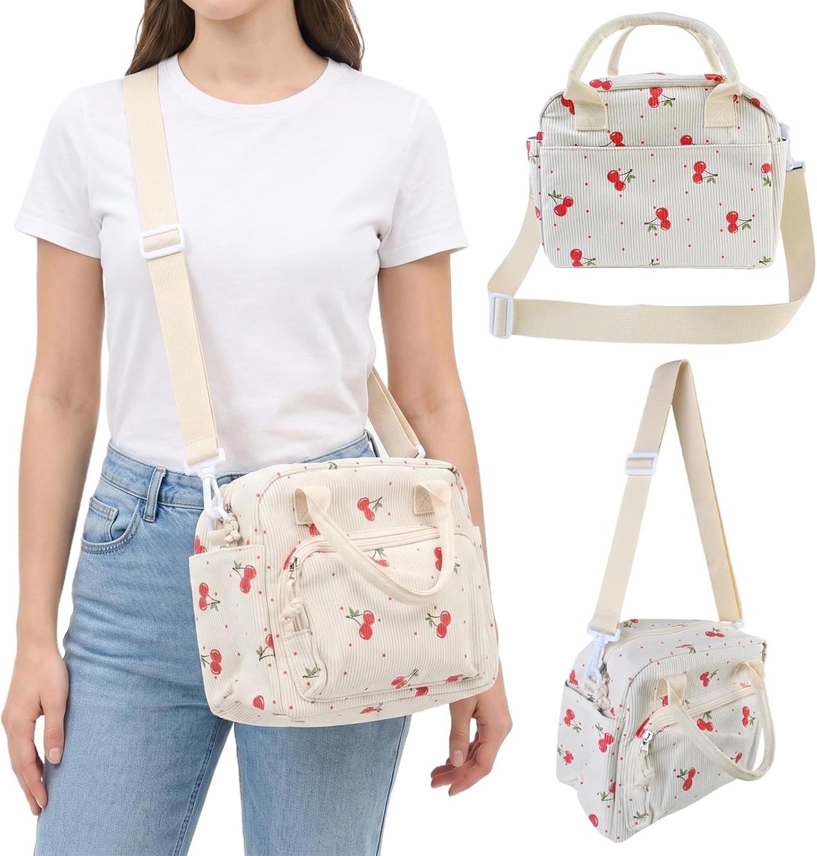 Koeltas voor levensmiddelen, van corduroy, 9,5 l, met kersenpatroon, klein, waterdicht, met verstelbare riem - ShopVlot