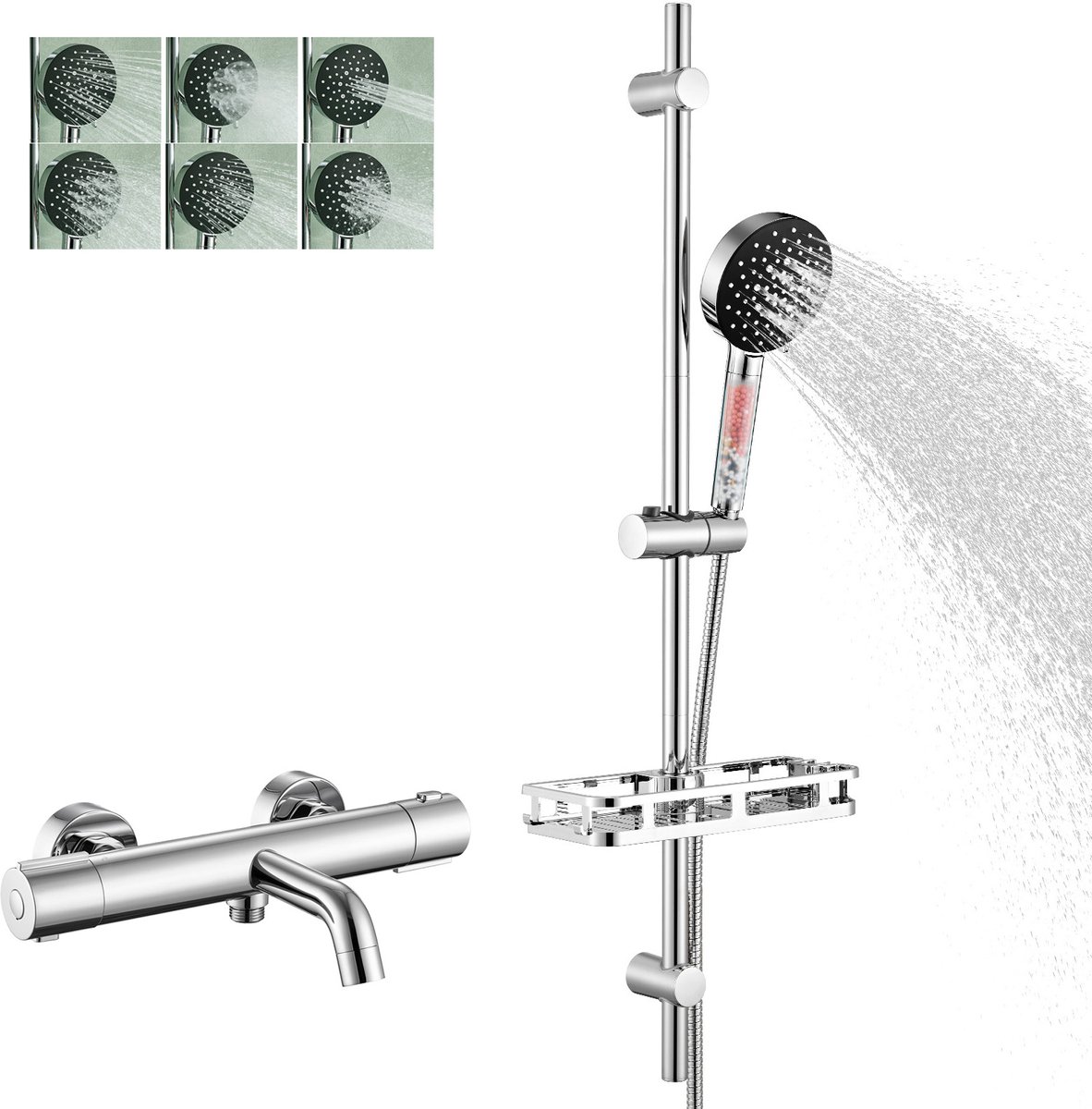 Auralum Max Thermostatische Badkraan - 15 cm - 90 cm Glijstang Doucheset - Met Plankje - Douchekop met 4 Filters - 6 Standen - Hoge Druk - Anti-Kalk - RVS Glijstangset - Met CoolTouch technologie - Waterbesparende - Chroom&Zwart