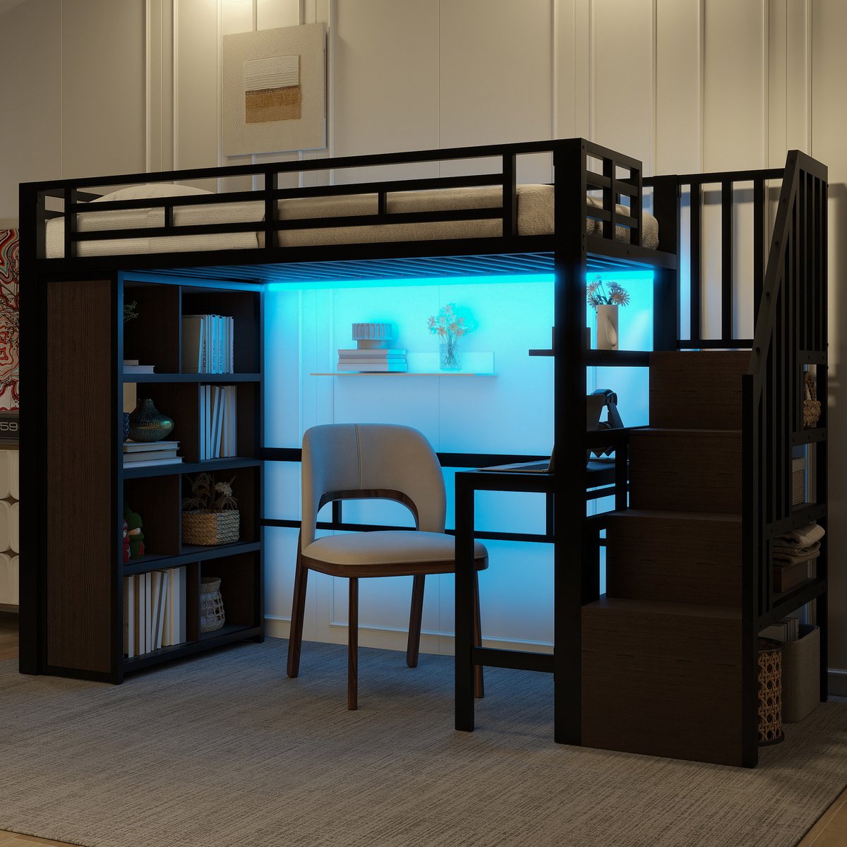 Hoogslaper - 90 x 200 cm - 1-persoons - met bureau - met opbergruimte - met LED-verlichting - met trap - Zwart