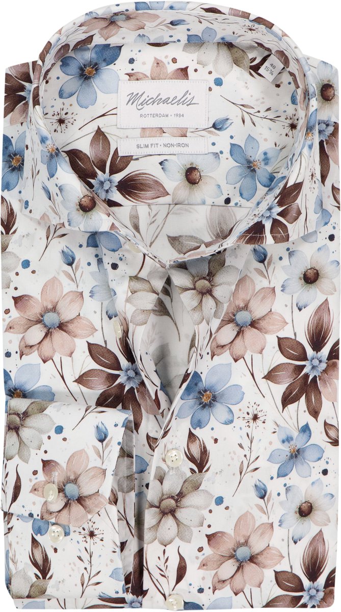 Michaelis slim fit heren overhemd - twill - wit met beige en bruin bloemen dessin - Strijkvrij - Boordmaat: 42 (EU maat: L)