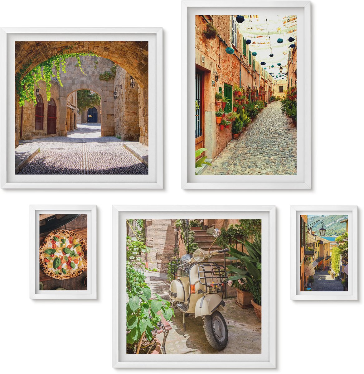 Wallfluent 5-Delige Schilderij Set - Sfeervolle Straatjes En Heerlijke Gerechten In Italiaanse Stijl. - 50 x 50 cm, 20 x 30 cm En 40 x 60 cm - Moderne Wanddecoratie - Slaapkamer - Stijlvolle Muurdecoratie