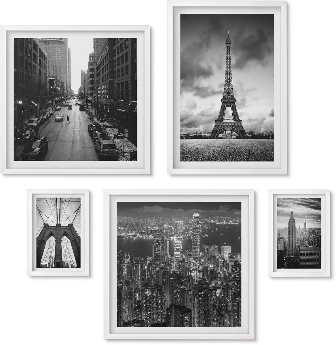 Wallfluent 5-Delige Schilderij Set - Zwart-Wit Architectonische Iconen Van Over De Hele Wereld - 50 x 50 cm, 20 x 30 cm En 40 x 60 cm - Decoratieve Muurdecoratie - Slaapkamer - Woonkamer Decoratie