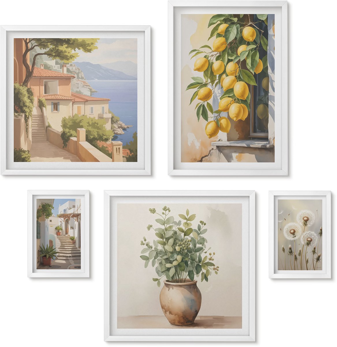 Wallfluent 5-Delige Schilderij Set - Citrusaccenten En Botanische Motieven In Mediterrane Stijl - 50 x 50 cm, 20 x 30 cm En 40 x 60 cm - Decoratieve Muurdecoratie - Slaapkamer - Decoratieve Schilderijen