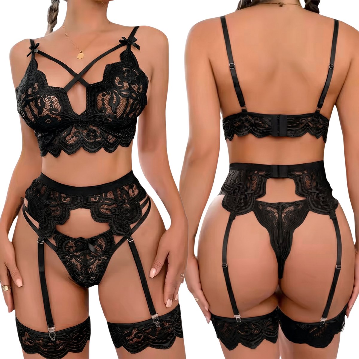 Sexy KANTEN dameslingerie, vierdelige set, ZWARTE erotische lingerie S