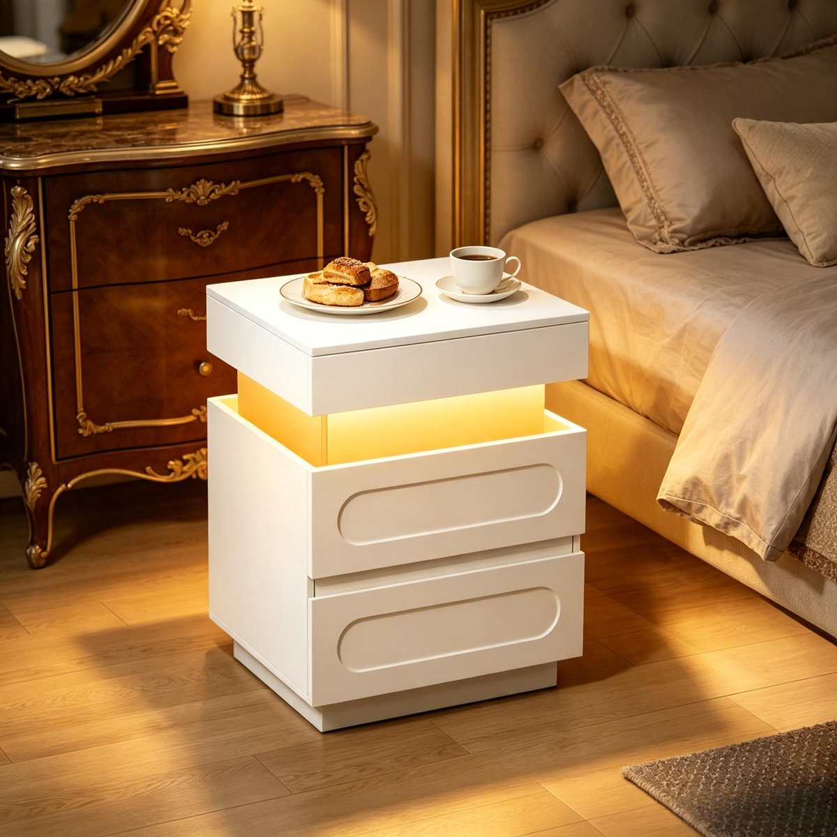 Clruro Nachtkastje - 45 x 58 x 40 cm - LED en Laadstation - 2 Laden - Houtcomposiet - Wit