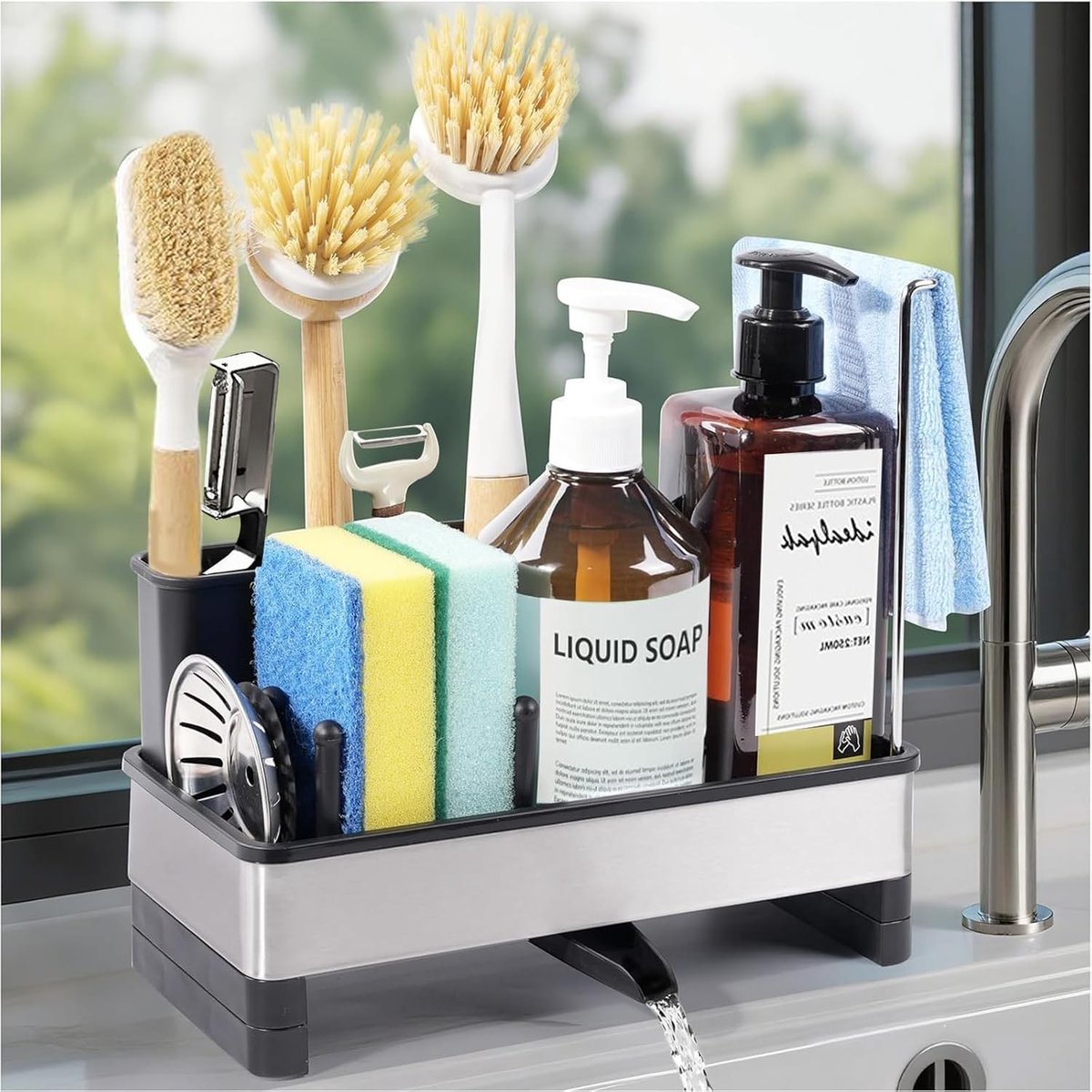 Gootsteenorganizer - Zwart - 25 x 13 x 23 cm - Roestvrij Staal met Automatische Afvoer - Voor Keuken en Badkamer