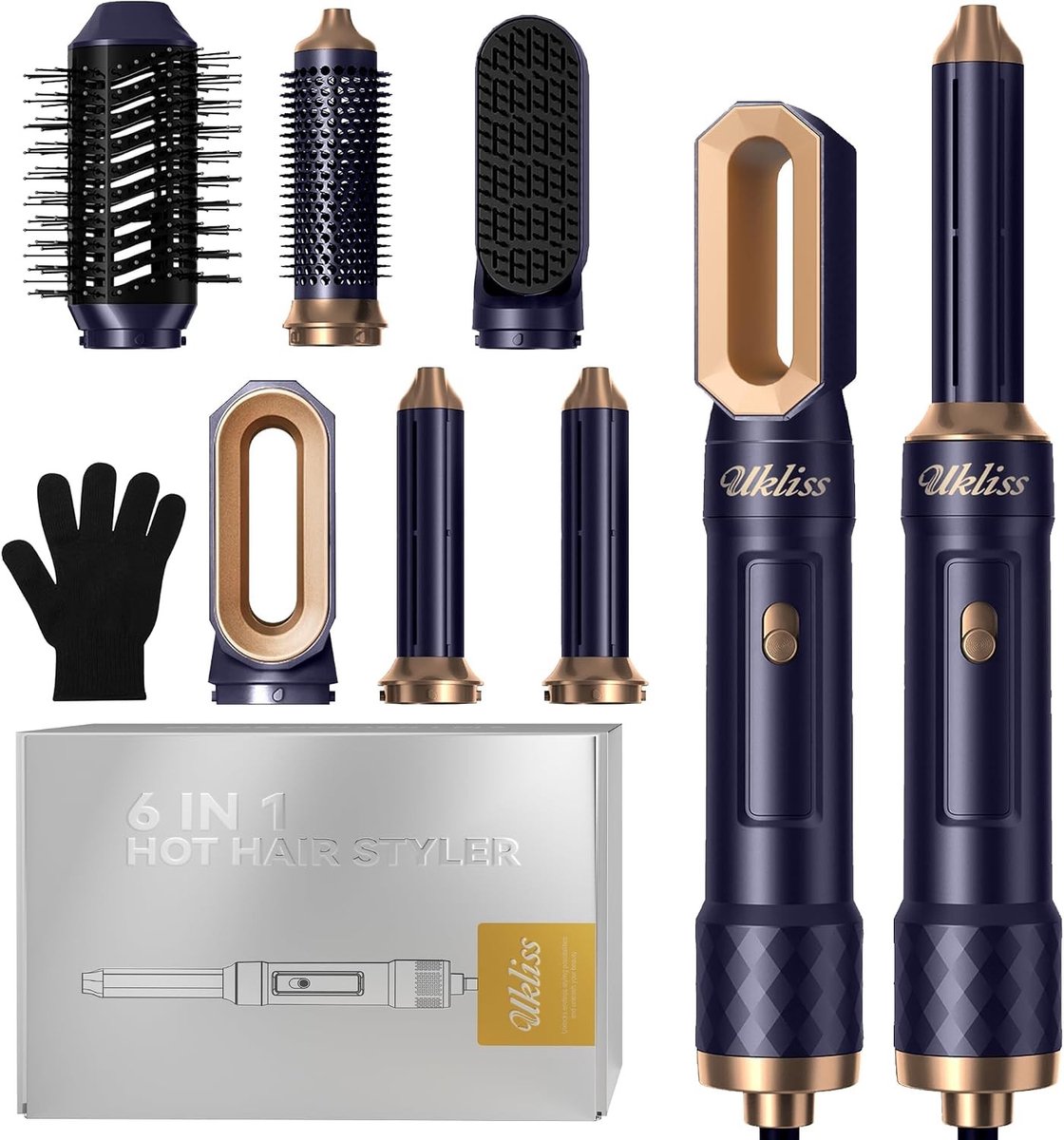 Haarstyler Set - Zwart - 6-in-1 Heteluchtborstelset met Verwisselbare Opzetstukken - Voor Thuis en Op Reis