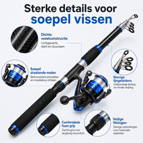 Vishengelset voor beginners - Vishengel kinderen Hengelset - Met draagtas - Hengel van 1.8 M Inschuifbaar - Complete Hengelset -Geschikt als Cadeau - Perfect voor Kamperen, Wandelen, Reizen of Picknicks- Zwart — afbeelding 4