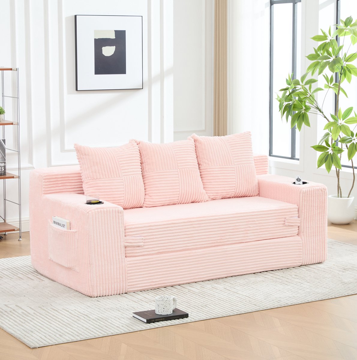 OKWISH Slaapbank 3-Zits 172 Cm Modulair Met Bekerhouder En Zijvakken Voor Woonkamer En Studio Corduroy Roze