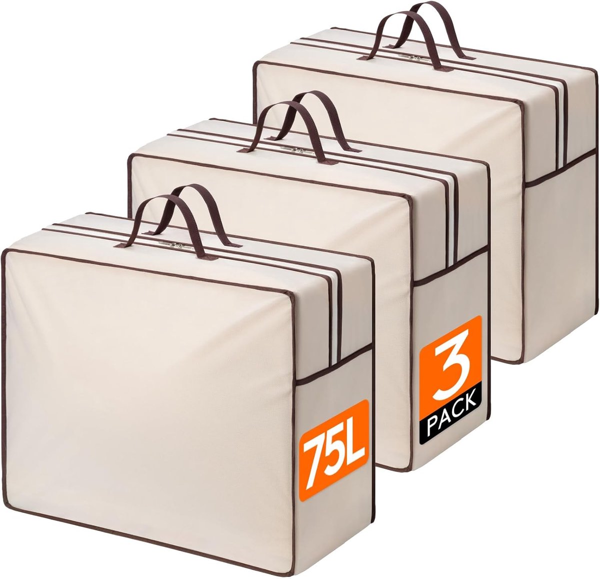 75L Opbergtas met Versterkte Handgrepen, 3 Stuks Kleding, Ademende, XXL Dekbed Opbergdoos met 2 Ritssluitingen, Opbergoplossing voor Kussens, Beddengoed & Dekens