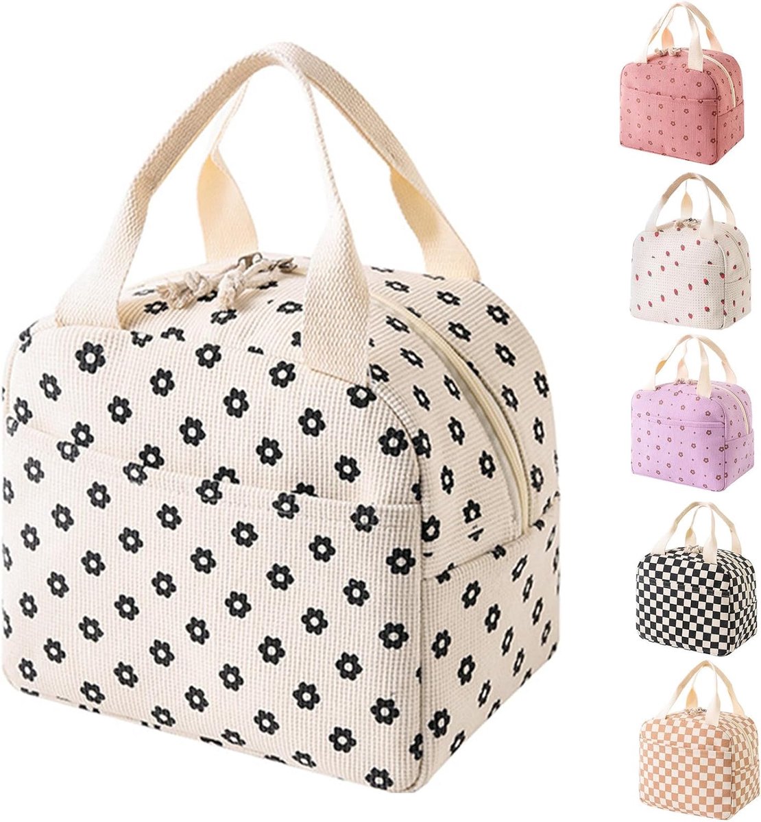 Lunchtas, geïsoleerde boodschappentas voor vrouwen, corduroy geïsoleerde lunchtas, koeltas, lunchorganizer voor volwassenen en kinderen, picknick, werk buiten (witte kleine bloem)