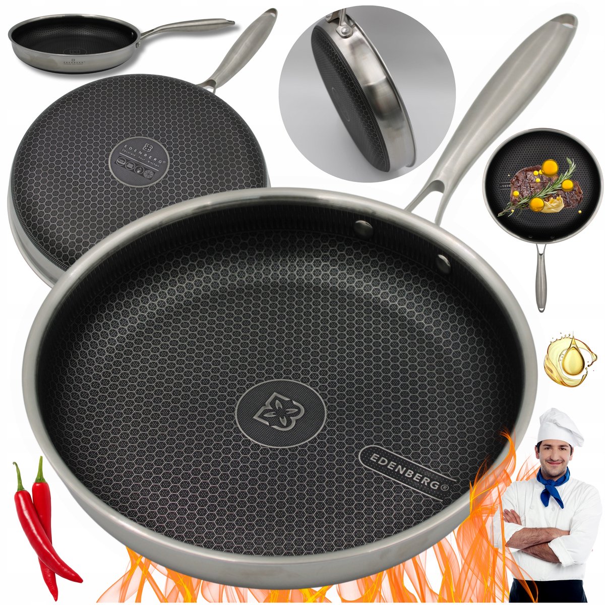 Merkloze Koekenpan met Honingraat Anti-aanbaklaag, RVS, 22cm