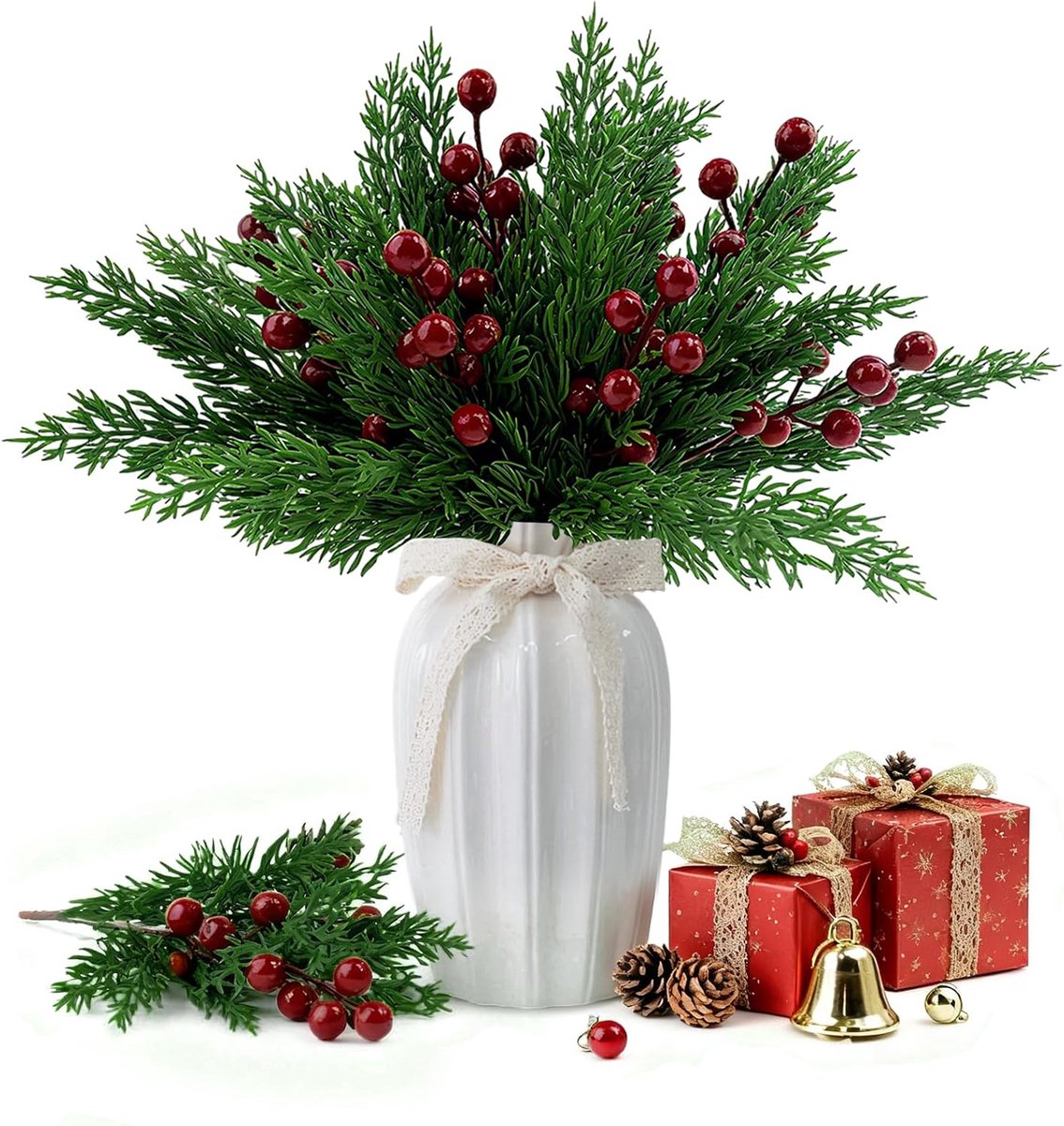 Morofme 45pcs Christmas Berries Red Stem Evergreen Pine Branches Christmas Skewers Holly Handle Craft Winter Holiday - ShopVlot