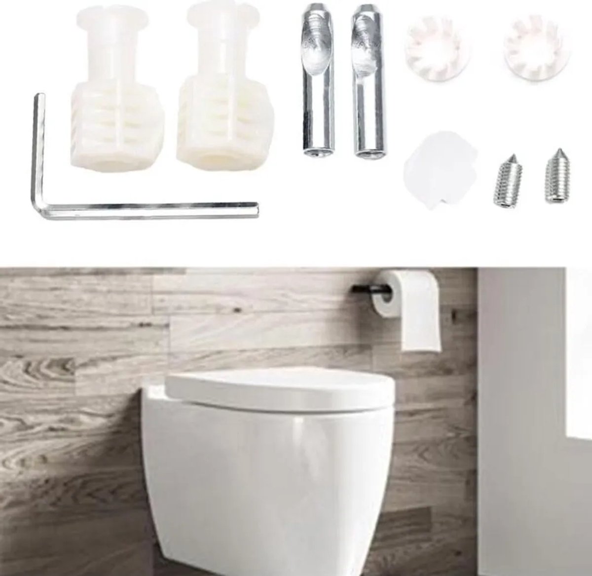 Een set van twee toiletspoelbakschroeven, witte gegalvaniseerde bevestigingsschroeven, Geschikt voor wandtoiletten.