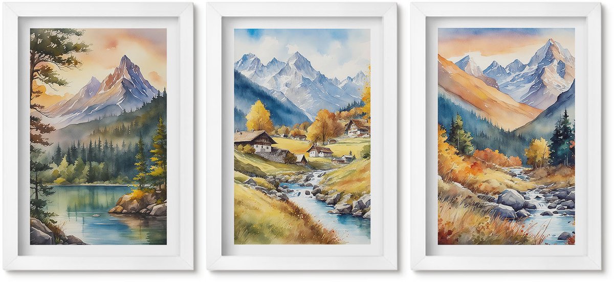 Wallfluent 3-Delige Schilderij Set - Berglandschap Met Een Rivier En Huisjes In Herfstkleuren. - 20 x 30 - Wanddecoratie - Schilderijen Set - Kantoor - Moderne Wanddecoratie