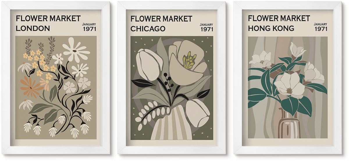 Wallfluent 3-Delige Schilderij Set - Bloemenbeurzen In Londen, Chicago En Hongkong. - 20 x 30 - Wanddecoratie - Woonkamer Decoratie - Decoratieve Schilderijen