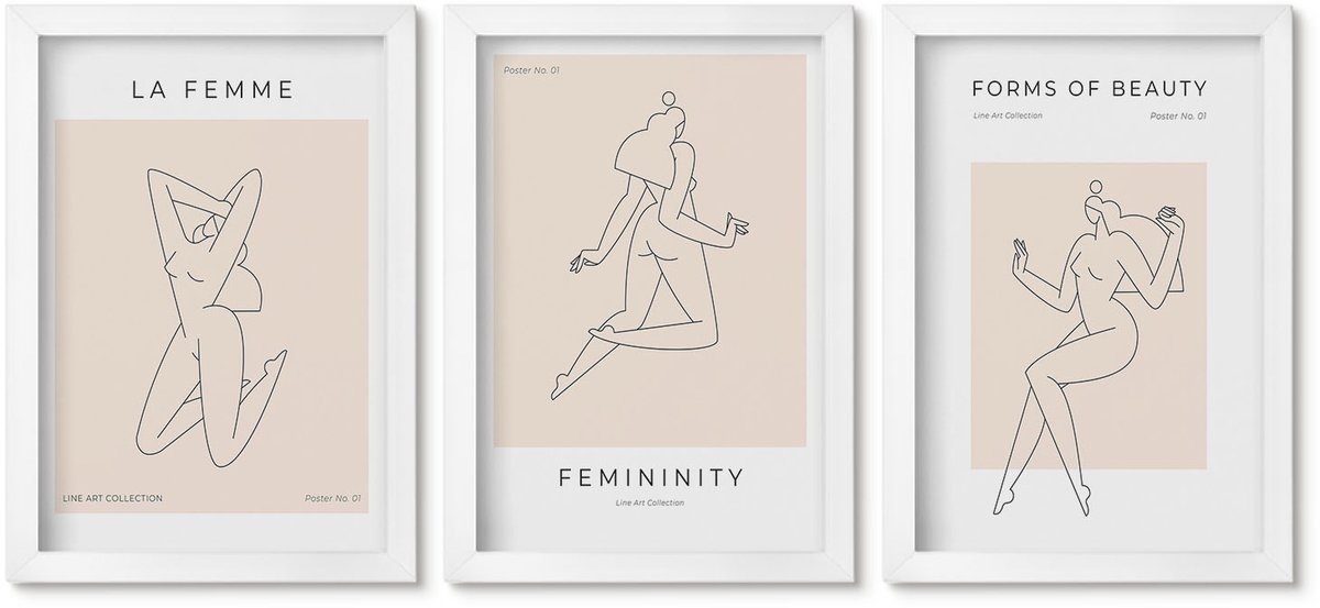 Wallfluent 3-Delige Schilderij Set - Lineaire Silhouetten Van Vrouwen In Minimalistische Posters - 20 x 30 - Muurdecoratie - Interieur Decoratie
