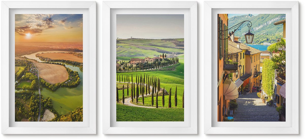 Wallfluent 3-Delige Schilderij Set - Italiaanse Landschappen Met Een Rivier, Heuvels En Een Stadsstraat - 20 x 30 - Muurdecoratie - Decoratieve Schilderijen - Wohnzimmer - Stijlvolle Muurdecoratie