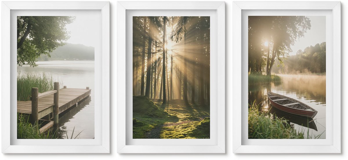 Wallfluent 3-Delige Schilderij Set - Rustig Meer, Bos En Boot In De Ochtendmist - 20 x 30 - Wanddecoratie - Schilderijen Set - Interieur - Woonkamer Decoratie