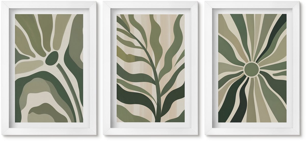 Wallfluent 3-Delige Schilderij Set - Plantenpatronen In Tinten Groen En Beige - 20 x 30 - Stijlvolle Muurdecoratie - Kantoor - Wanddecoratie