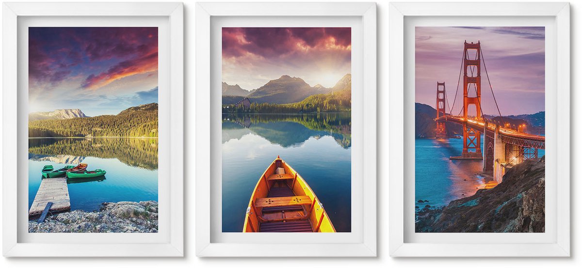 Wallfluent 3-Delige Schilderij Set - Uitzicht Op De Bergen Met Meren, Boten En Een Brug. - 20 x 30 - Muurdecoratie - Decoratieve Schilderijen - Wohnzimmer - Wanddecoratie
