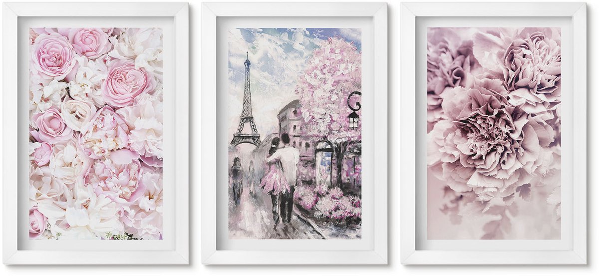 Wallfluent 3-Delige Schilderij Set - Bloemen In Verschillende Tinten Roze, Romantisch Landschap - 20 x 30 - Muurdecoratie - Wanddecoratie - Slaapkamer - Decoratieve Schilderijen