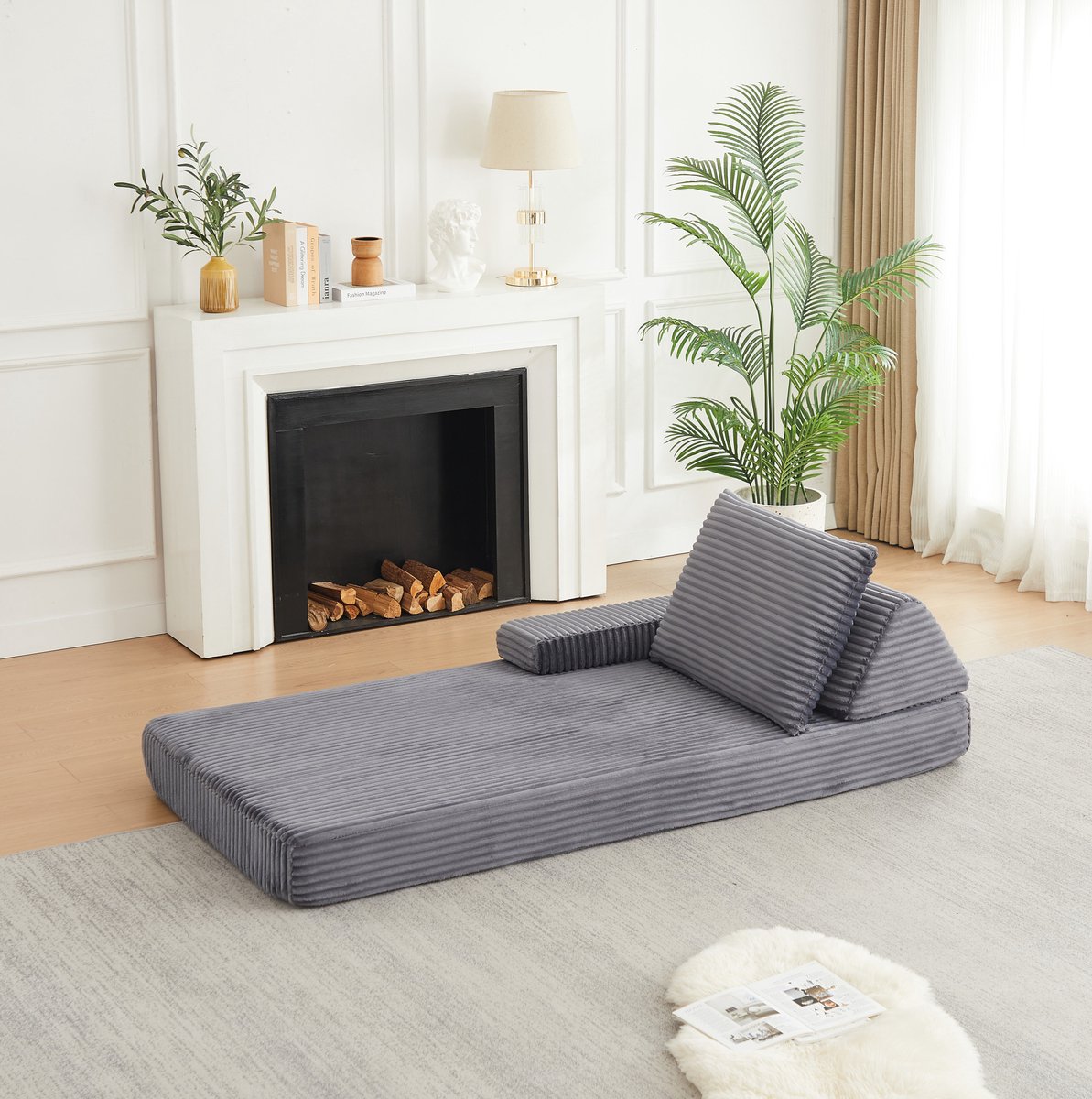OKWISH Slaapbank 1-Zits 211 Cm Modulaire Corduroy Bank Met Verstelbare Armleuningen En Afneembare Rugkussens Voor Woonkamer Grijs