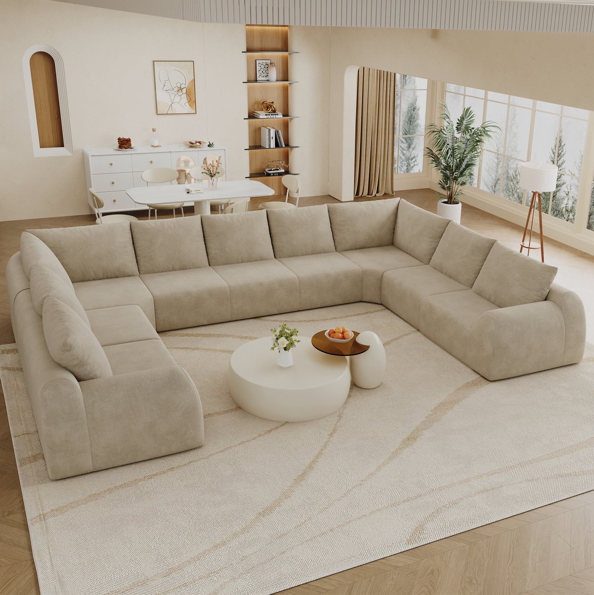 OKWISH U-bank 9-zits - Boneless Compressie Sofa Met Hoge Veerkracht En Chenille Look - Voor Woonkamer En Appartement - Stof - Khaki