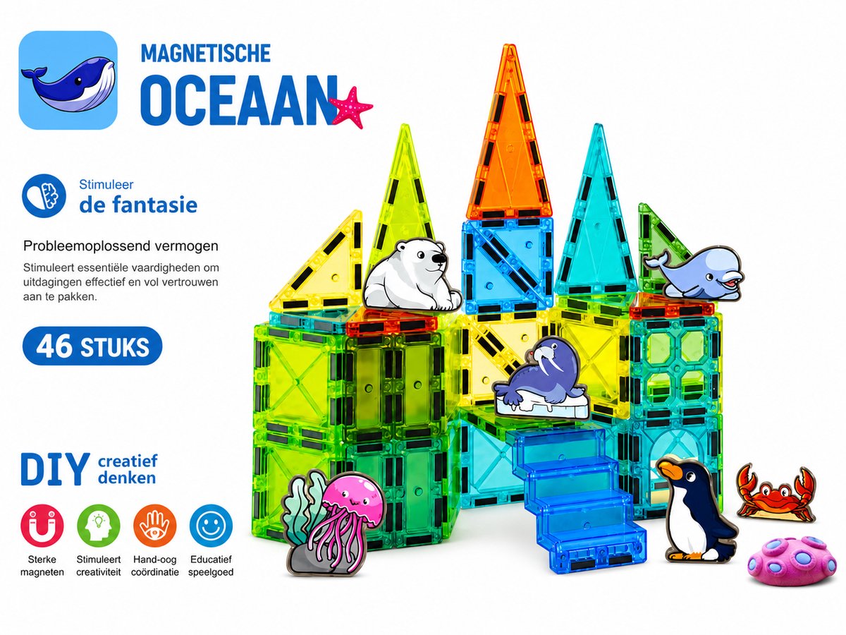 Magnetic - Magnetische Magnetic Tiles - Magnetische Bouwstenen - Oceaan -46 Stuks – Educatief Magnetisch stenen - Montessori Speelgoed voor Kinderen vanaf 3 Jaar