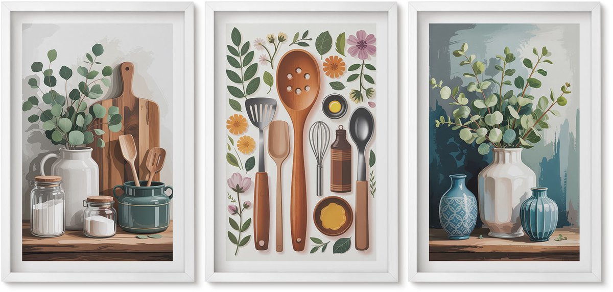 Wallfluent 3-Delige Schilderij Set - Keukenaccessoires Met Planten In Een Moderne Stijl - 40 x 60 - Muurdecoratie - Schilderijen Set - Woonkamer - Woonkamer Decoratie