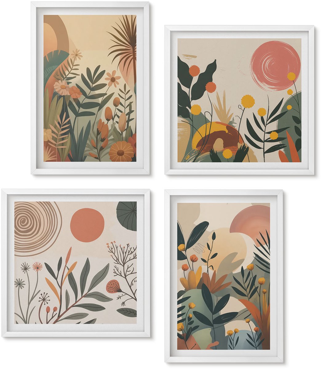 Wallfluent 4-Delige Schilderij Set - Plantmotieven In Gedempte Kleuren Met Cirkels. - 40 x 40 En 40 x 60 - Wanddecoratie - Muurdecoratie - Woonkamer
