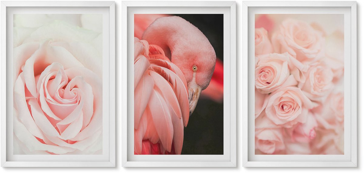 Wallfluent 3-Delige Schilderij Set - Pastelrozen En Flamingo'S In Delicate Tinten - 40 x 60 - Wanddecoratie - Schilderijen Set - Interieur